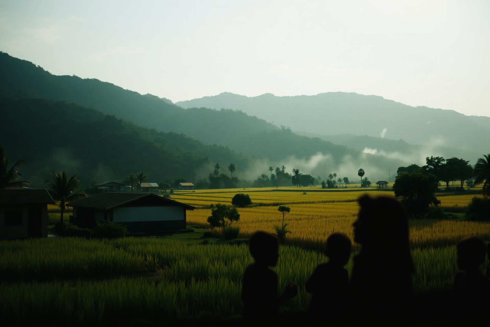Mountains and rice fields of northern Thailand at golden hour